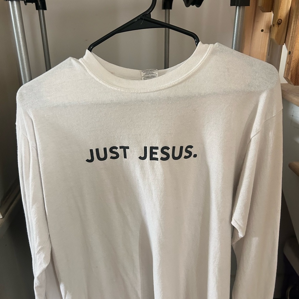 Gildan White Long Sleeve Tee with Black "JUST JESUS." Print